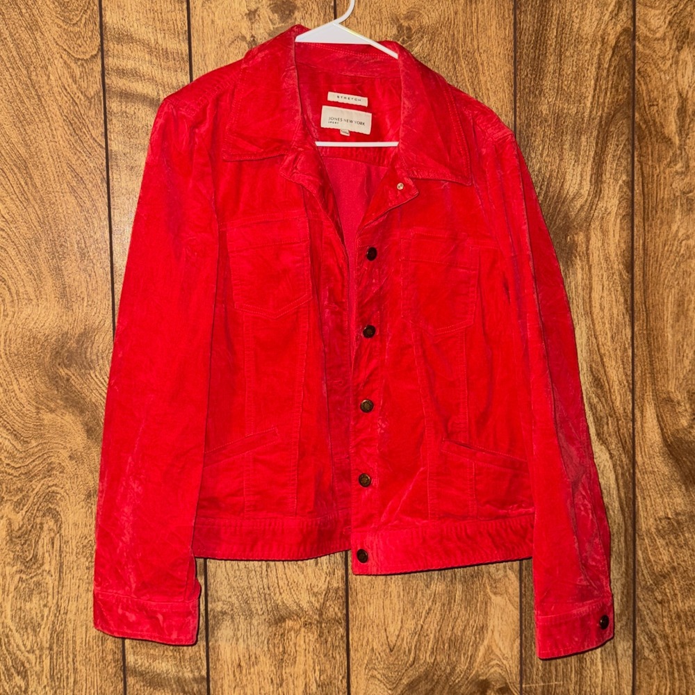 Jones New York Sport Red Corduroy Trucker Jacket XL Stretch Cotton Button Up